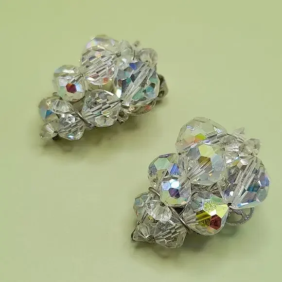 Vintage Aurora Borealis Bead Clip Earrings, 1 1/8 Inch, 1950s - Picture 8 of 10